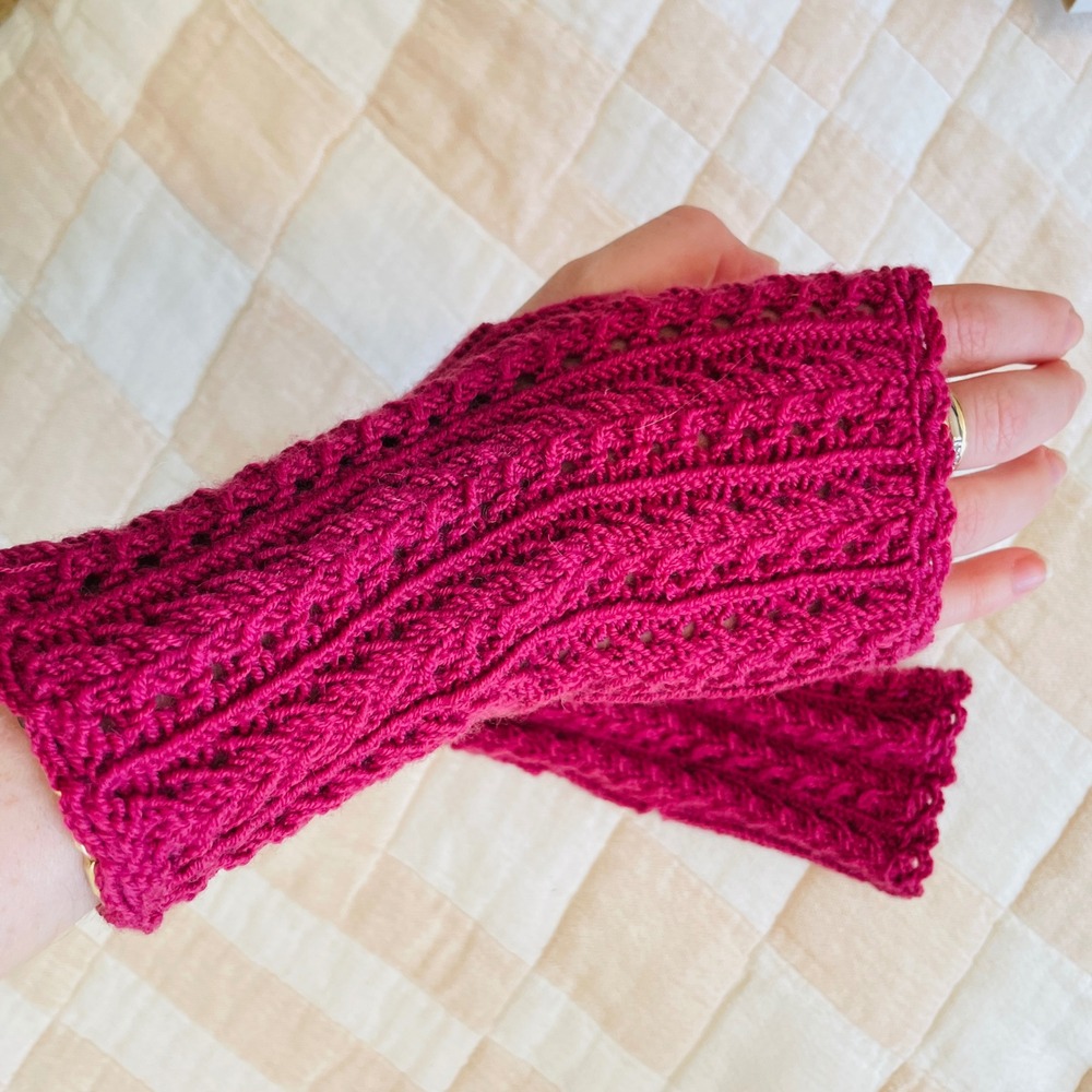 NEW Handmade Magenta Pink Knit Fingerless Gloves Cable Pointelle Wrist Warmers